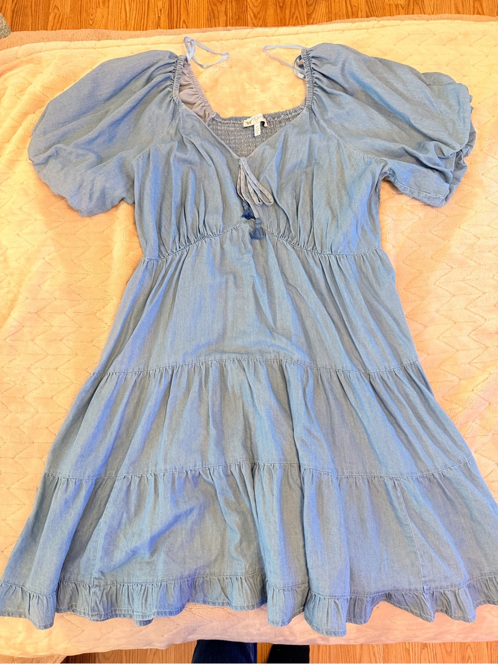 Light Blue Tiered Cotton Denim Dress with Puff Sleeves